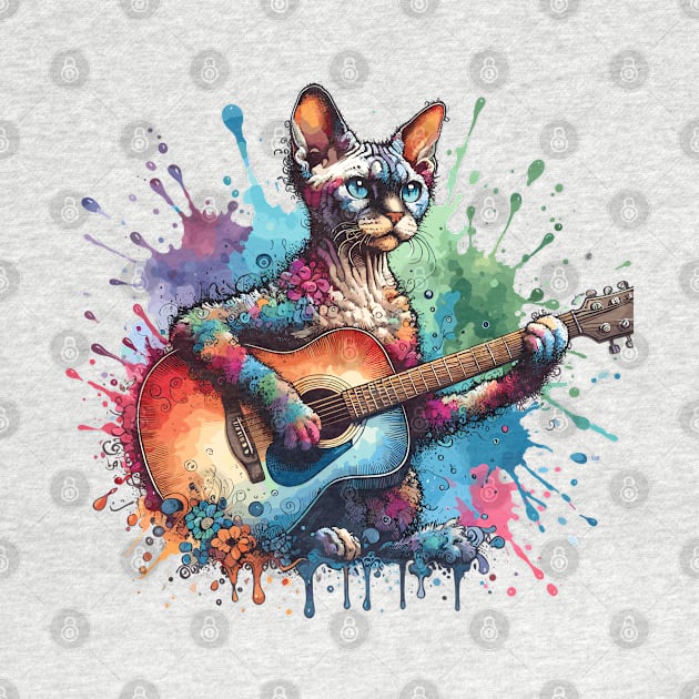 Devon Rex Cat Playing Guitar by Graceful Designs